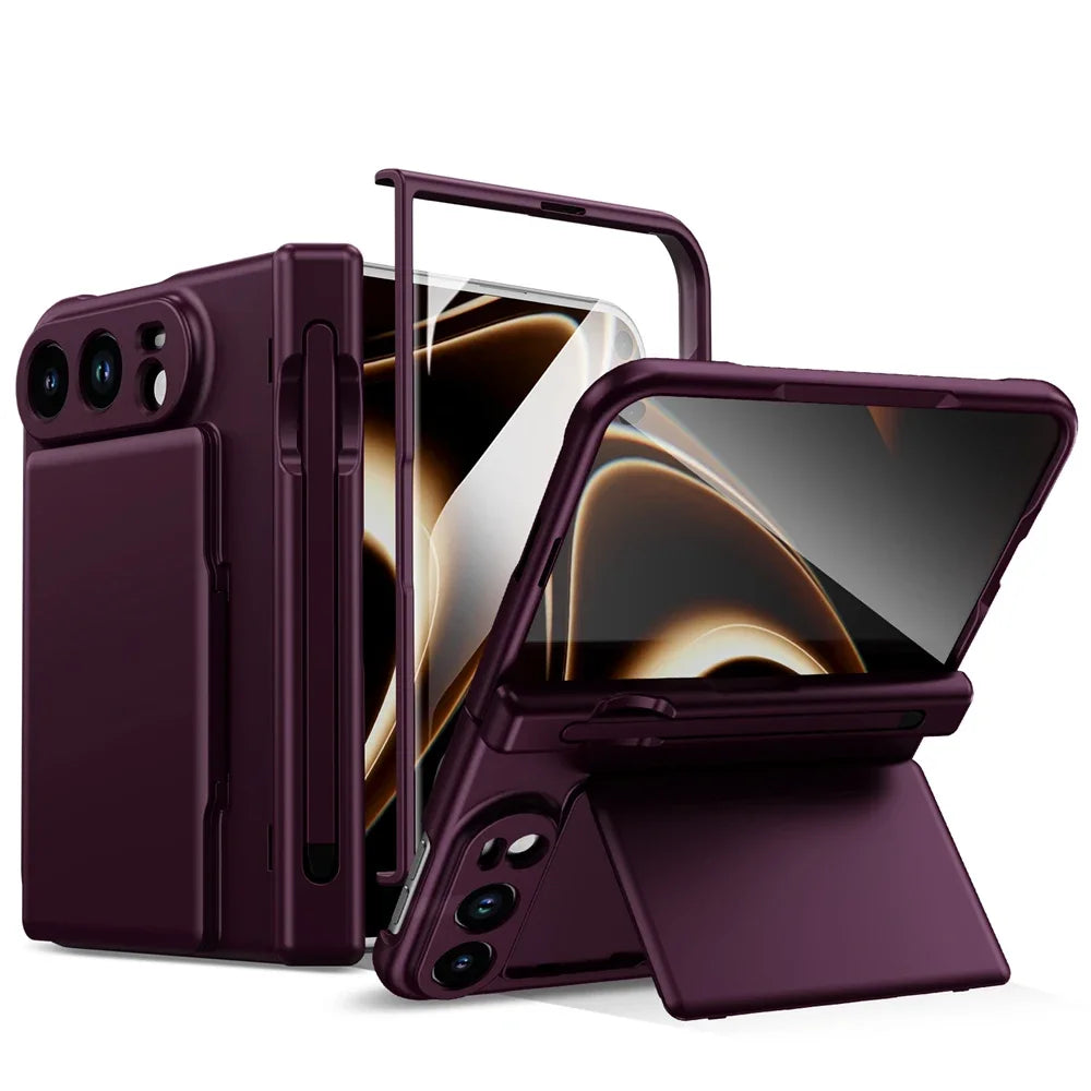 Luxury Matte Card Holder Fold Phone Case for iPhone Duo S Pen with Tempered Glass Screen Protector and Full-Protection Cover
