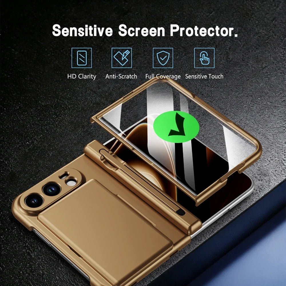 Luxury Matte Card Holder Fold Phone Case for iPhone Duo S Pen with Tempered Glass Screen Protector and Full-Protection Cover