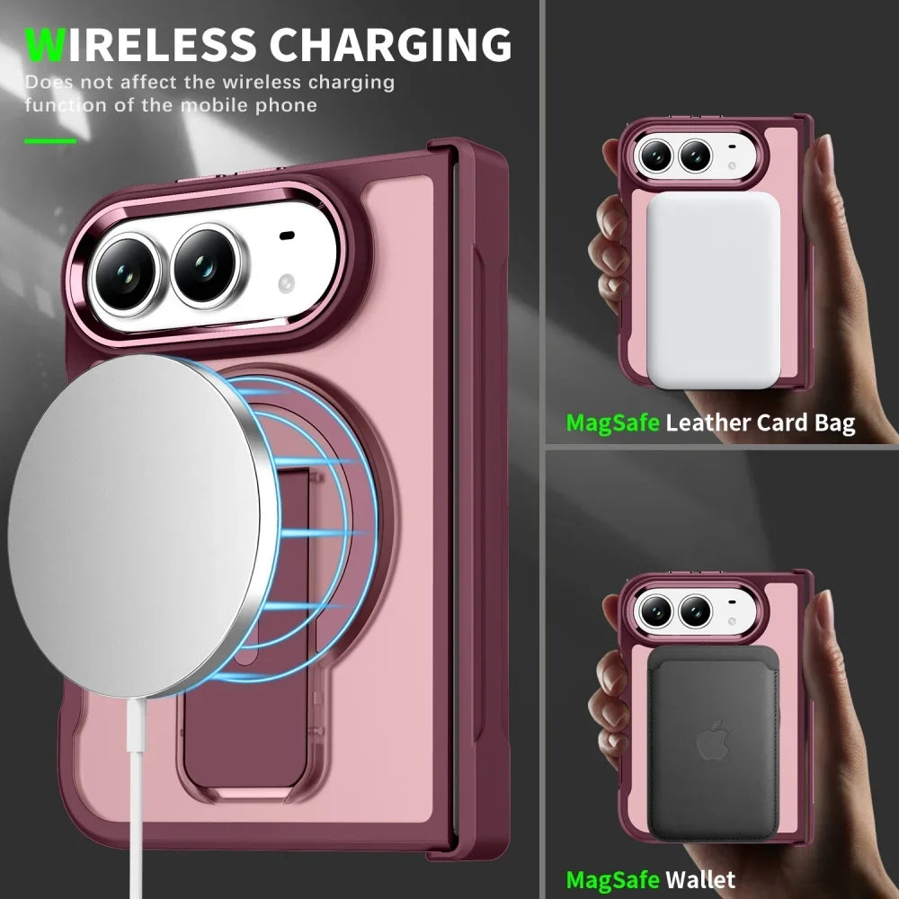 For Iphone Duo Luxury Transparent Burgundy for Magsafe Bracket Phone Case for Iphone Duo Shockproof Magnetic Holder Cover