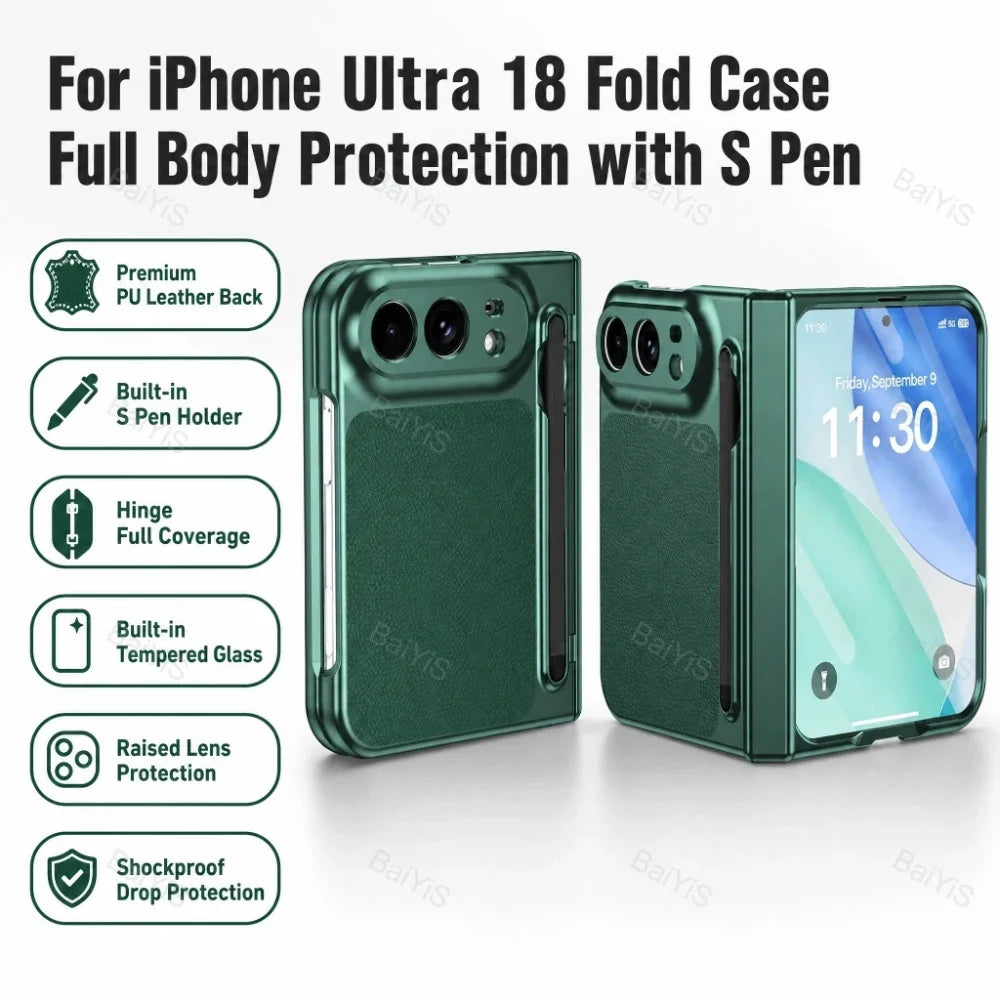 High End S Pen Phone Case for iPhone Duo Hinge Protection & Built-in Screen Protector Leather Phone Cover for iPhone Duo