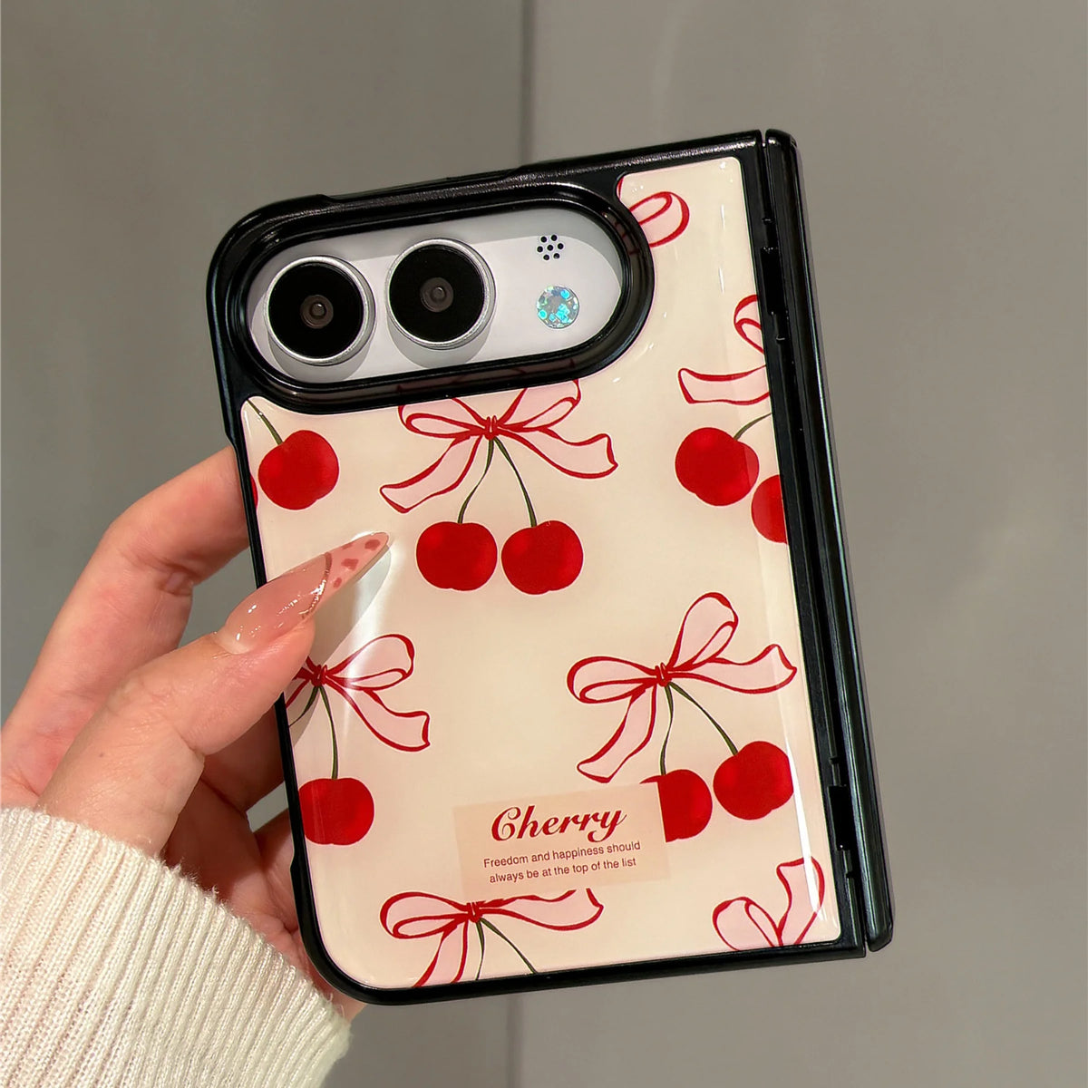 Ins Korean Cute Bow Cherry Black Border Phone Case for iPhone Duo 18 Fold iPhone Ultra Shockproof Stylish Hard Back Cover