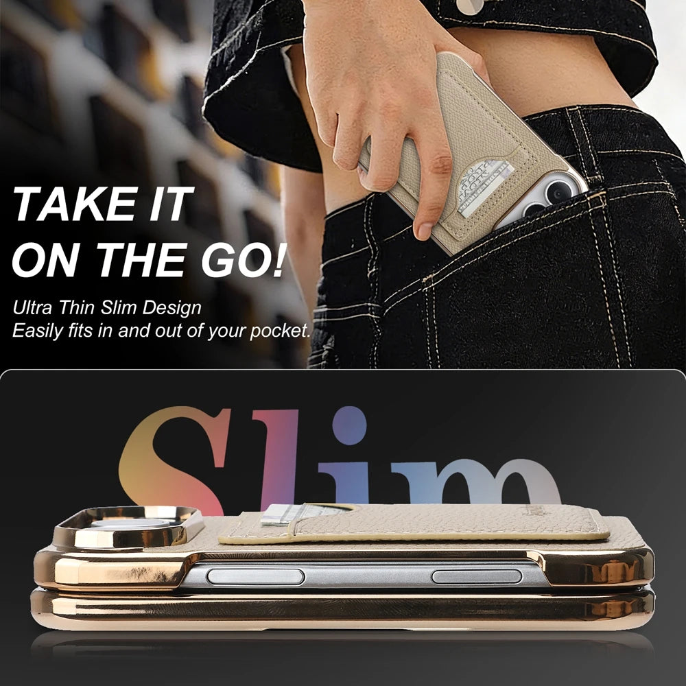 PU Leather Wallet Case For iPhone Duo Fold Electroplated Frame Foldable Kickstand Shockproof Protective Phone Cover