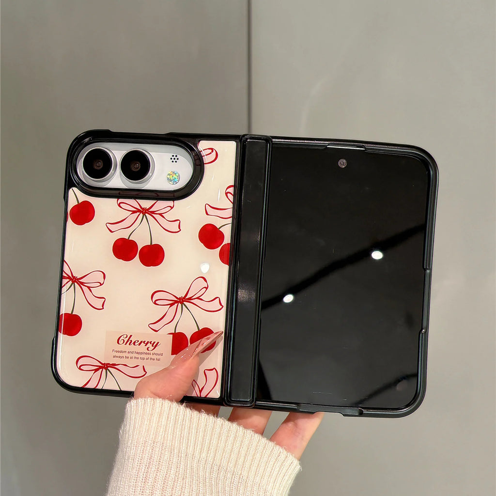 Ins Korean Cute Bow Cherry Black Border Phone Case for iPhone Duo 18 Fold iPhone Ultra Shockproof Stylish Hard Back Cover
