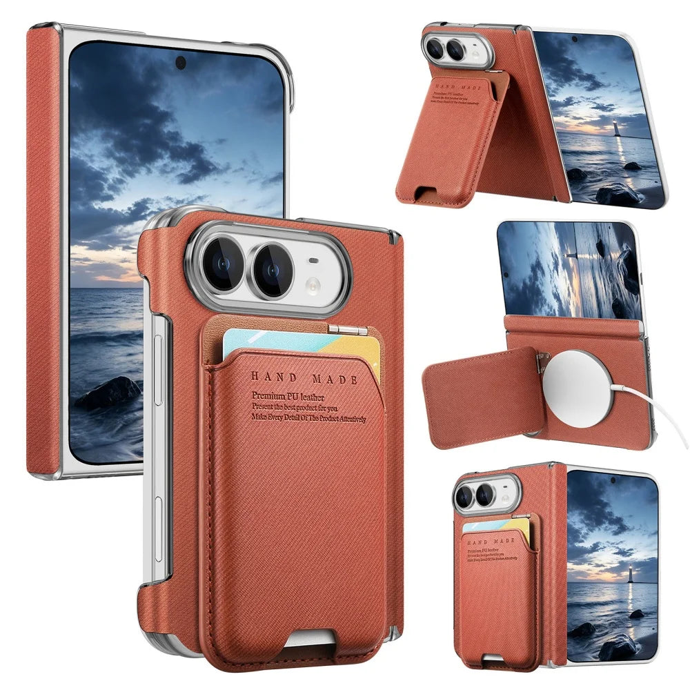 Card Slot Wallet Kickstand Bracket Cloth Texture Magnetic Cases For iPhone Duo 18 Fold Hinge Central Axis Protection Back Cover