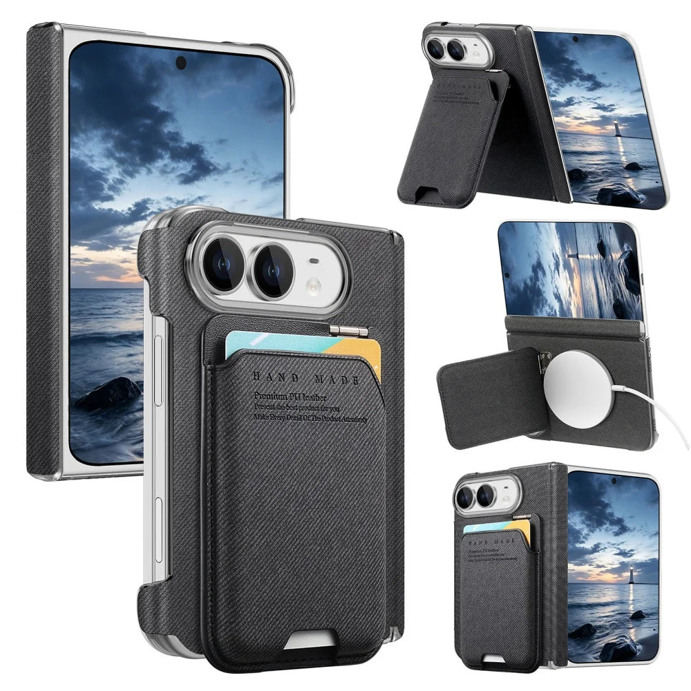 Card Slot Wallet Kickstand Bracket Cloth Texture Magnetic Cases For iPhone Duo 18 Fold Hinge Central Axis Protection Back Cover