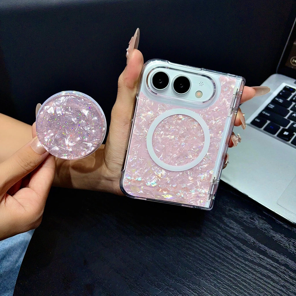 Case For Apple iPhone Duo For Foldable iPhone Duo For Magsafe With  Magnetic Ring Gilded Stand Luxury INS Shell Pattern Cover