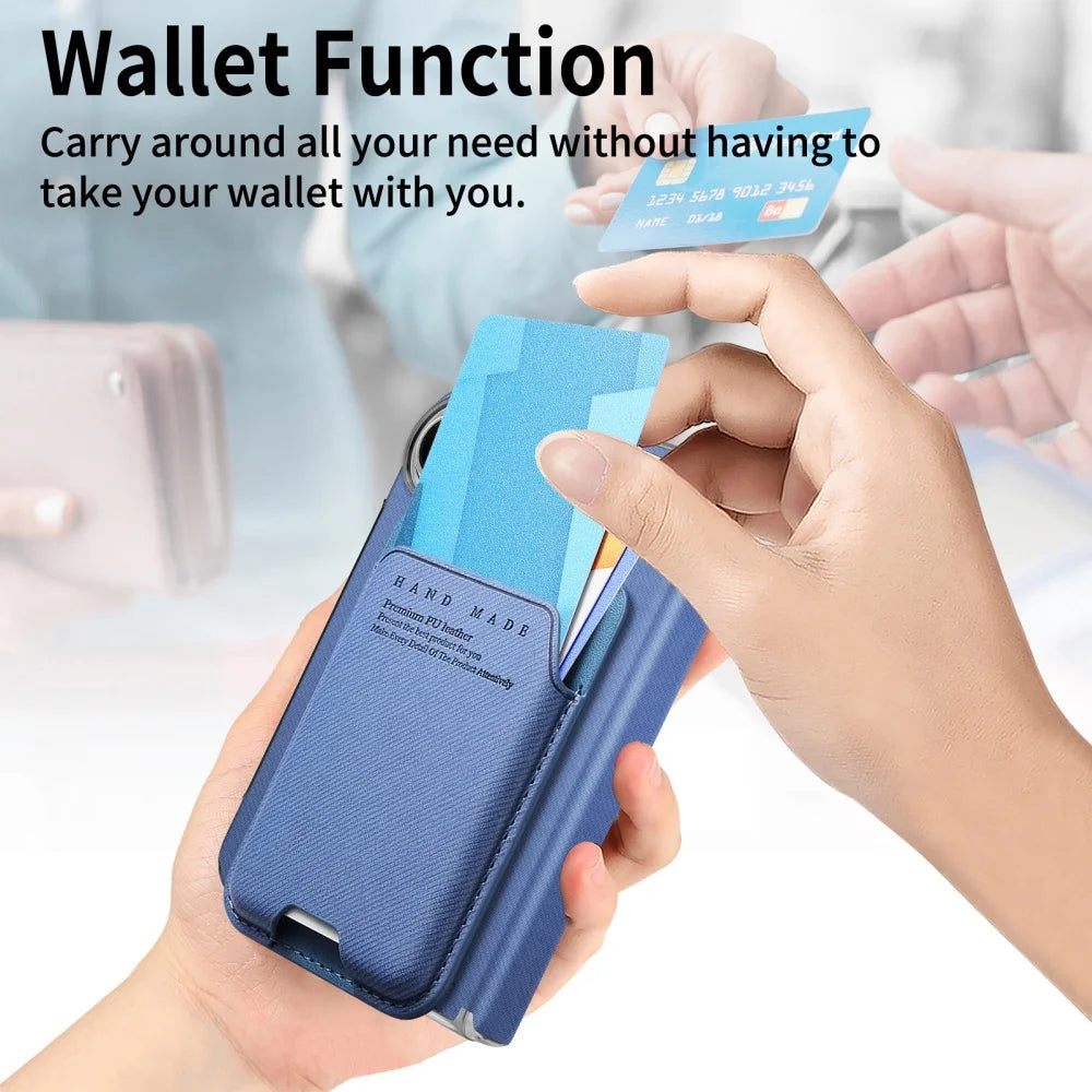 Card Slot Wallet Kickstand Bracket Cloth Texture Magnetic Cases For iPhone Duo 18 Fold Hinge Central Axis Protection Back Cover