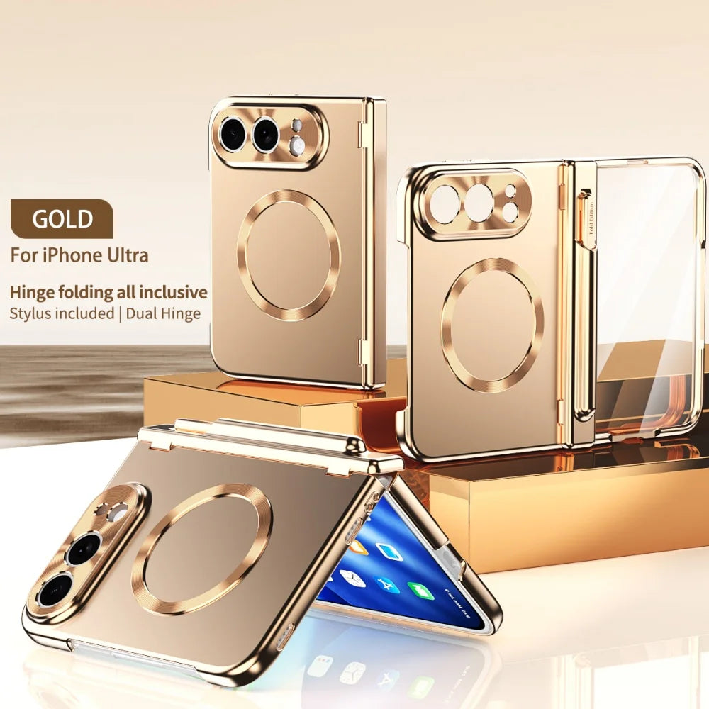High-Grade Magnetic Plating Hinge Protection Phone Case for iPhone Duo for Magsafe Bracket Cover With Front Screen Tempered Film