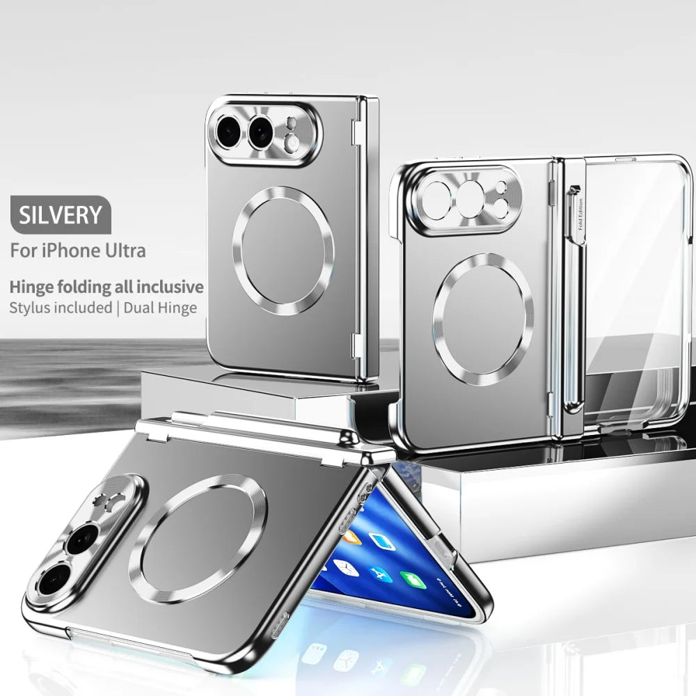 High-Grade Magnetic Plating Hinge Protection Phone Case for iPhone Duo for Magsafe Bracket Cover With Front Screen Tempered Film
