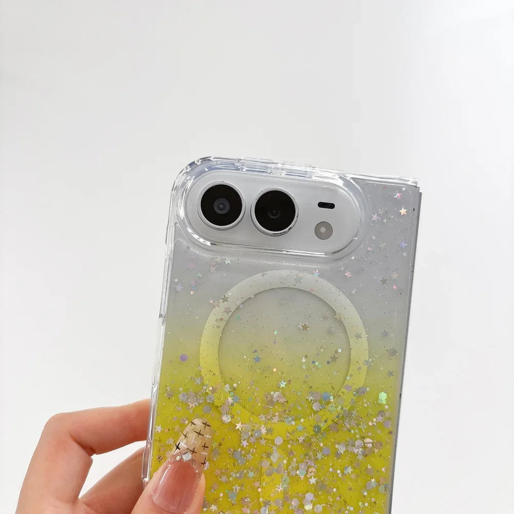 Fashion Girlish Glitter Sparkling Gradient Magnetic Phone Case for iPhone Duo 18 Fold for Magsafe Ultra Slim Translucent Cover