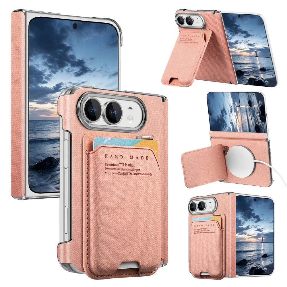 Card Slot Wallet Kickstand Bracket Cloth Texture Magnetic Cases For iPhone Duo 18 Fold Hinge Central Axis Protection Back Cover