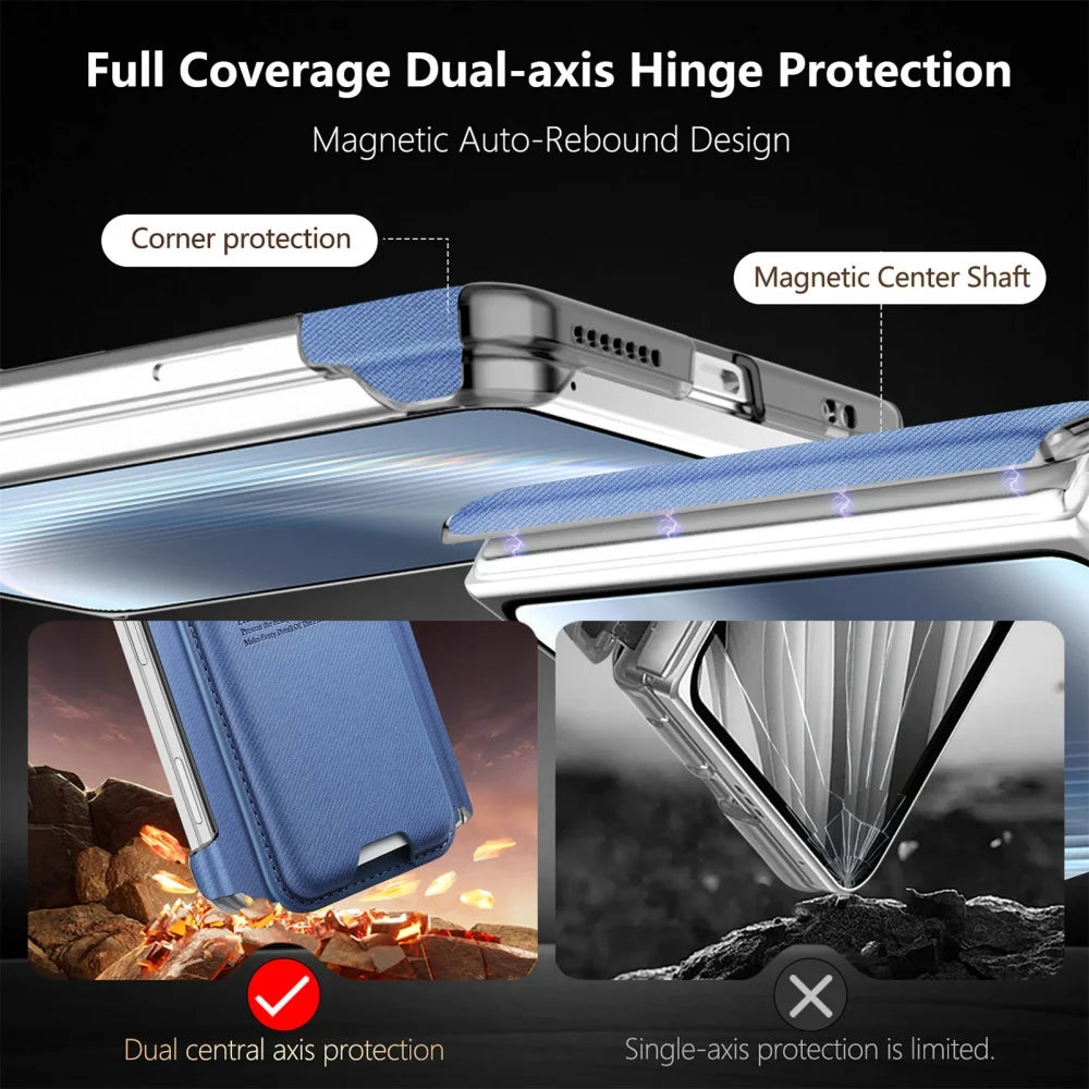 Card Slot Wallet Kickstand Bracket Cloth Texture Magnetic Cases For iPhone Duo 18 Fold Hinge Central Axis Protection Back Cover