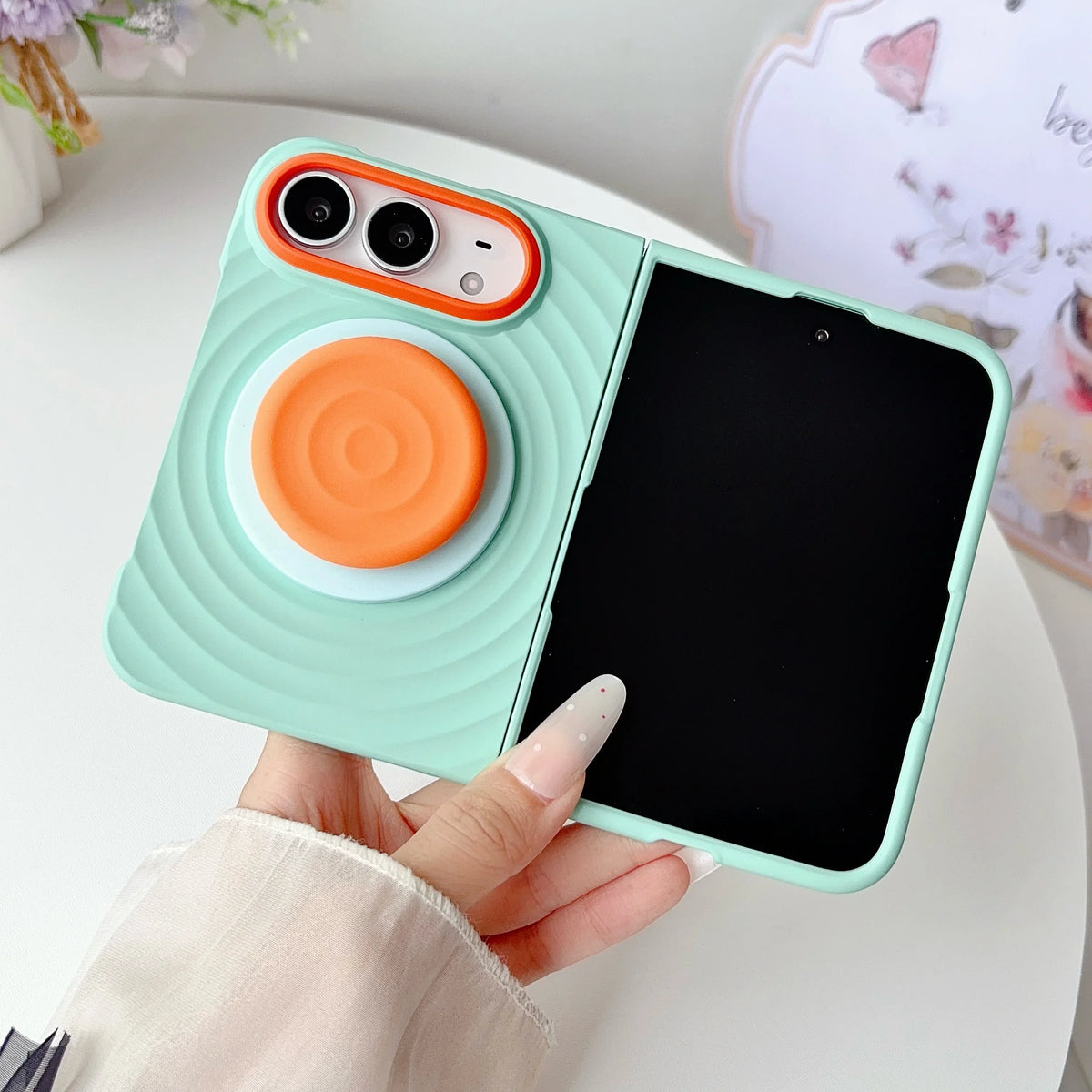 Fashion Macaron Colror Stripe Pattern Liquid Silicone 18 Ultra Case for iPhone Duo 18 Fold for Magsafe Bracket Shockproof Cover