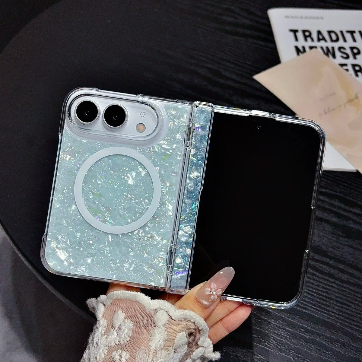 Case For Apple iPhone Duo For Foldable iPhone Duo For Magsafe With  Magnetic Ring Gilded Stand Luxury INS Shell Pattern Cover