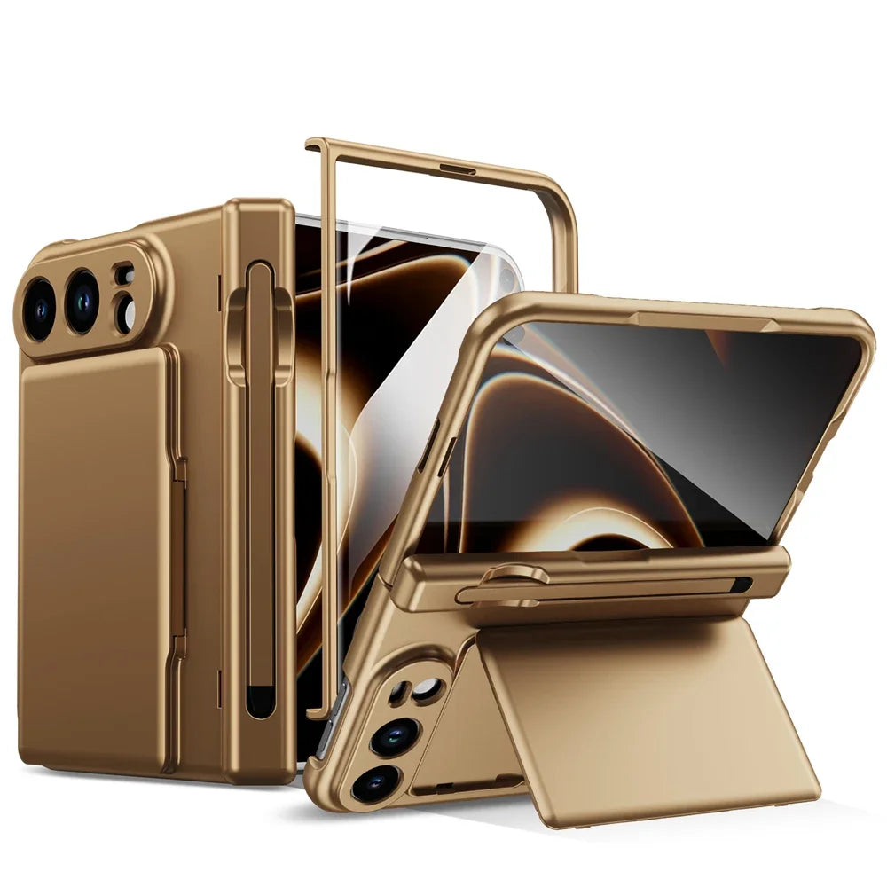 Luxury Matte Card Holder Fold Phone Case for iPhone Duo S Pen with Tempered Glass Screen Protector and Full-Protection Cover