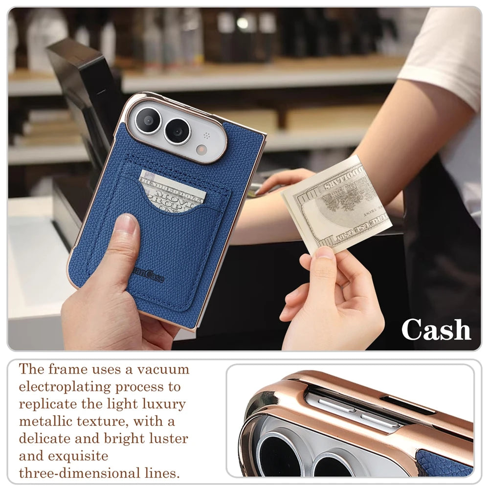 PU Leather Wallet Case For iPhone Duo Fold Electroplated Frame Foldable Kickstand Shockproof Protective Phone Cover