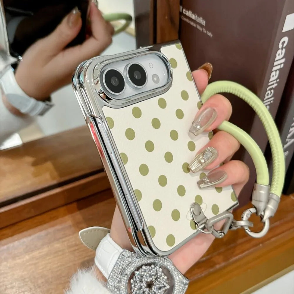Dopamine Electroplated PU Leather Colorful Polka Dots Lanyard Fold Case for iPhone Duo duo Wristband Shockproof Hard Fold Cover