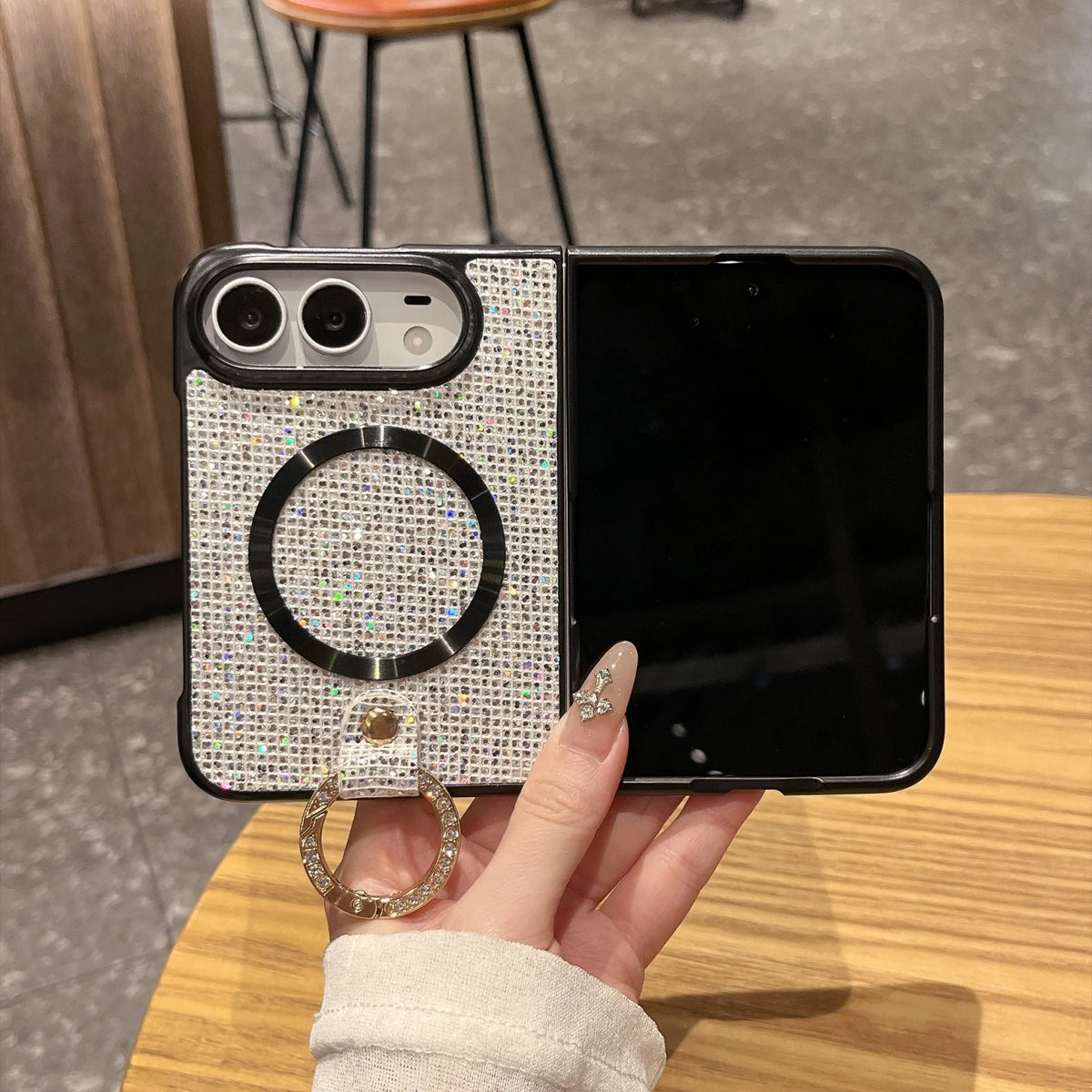 Luxury Fashion Glitter Diamond Frosted Phone Case for iPhone Duo 18 Fold for Magsafe Ring Holder Shockproof Protect Back Cover