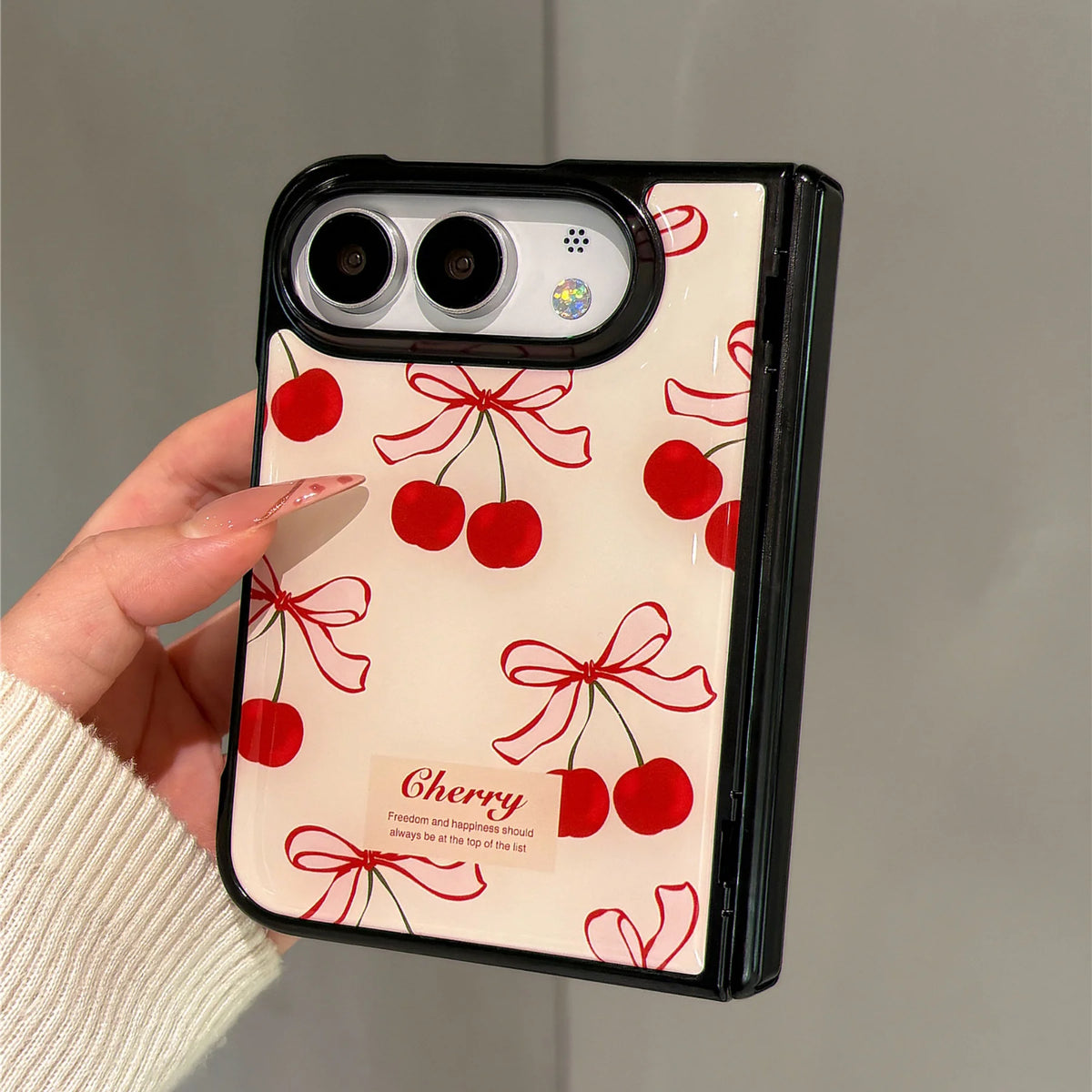 Ins Korean Cute Bow Cherry Black Border Phone Case for iPhone Duo 18 Fold iPhone Ultra Shockproof Stylish Hard Back Cover