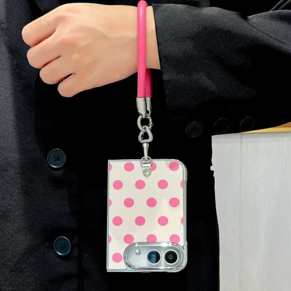 Dopamine Electroplated PU Leather Colorful Polka Dots Lanyard Fold Case for iPhone Duo duo Wristband Shockproof Hard Fold Cover