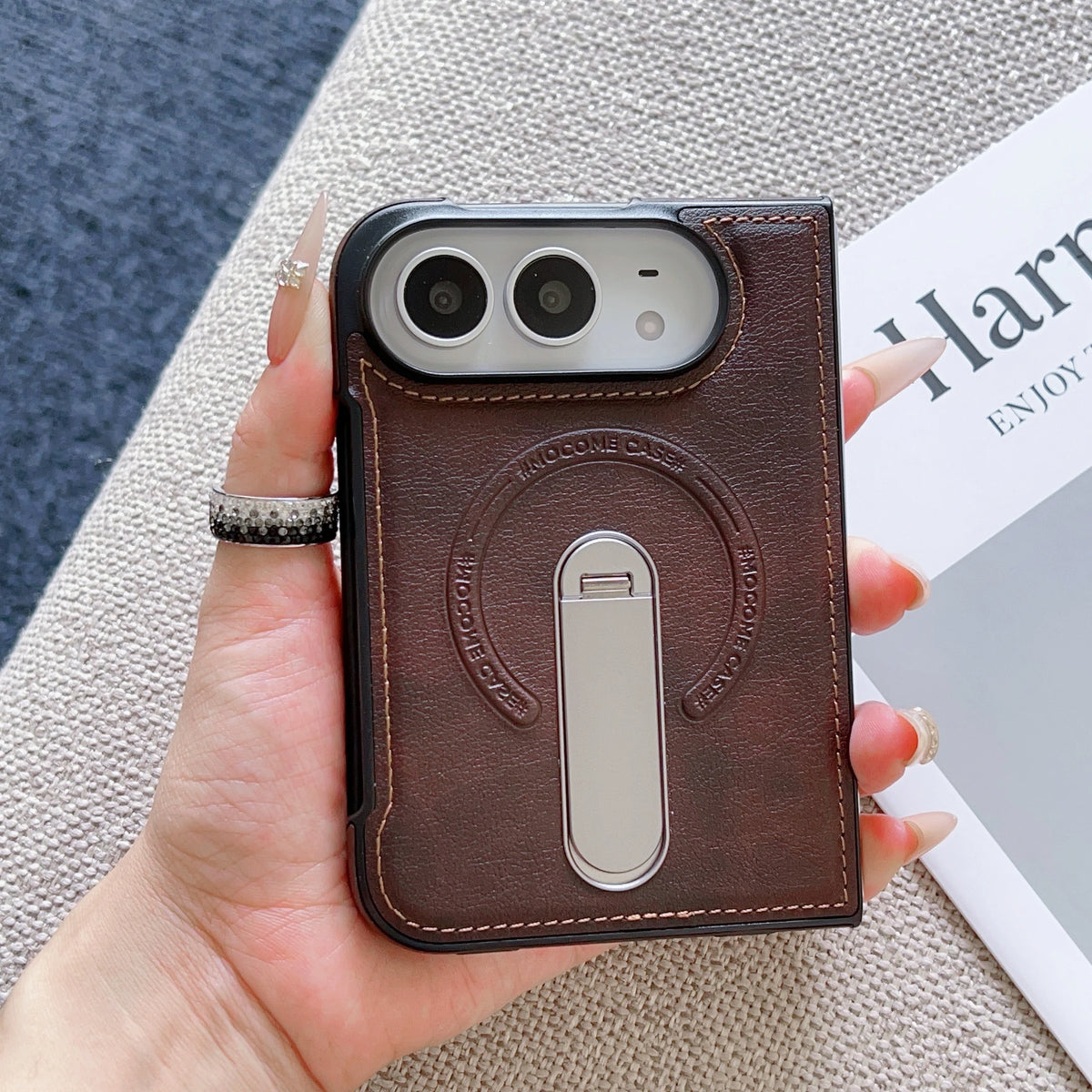 For Magsafe For iPhone Duo Case Luxury Matte Leather Magnetic Rotating Ring Holder Shockproof Protection Back Cover Accessories