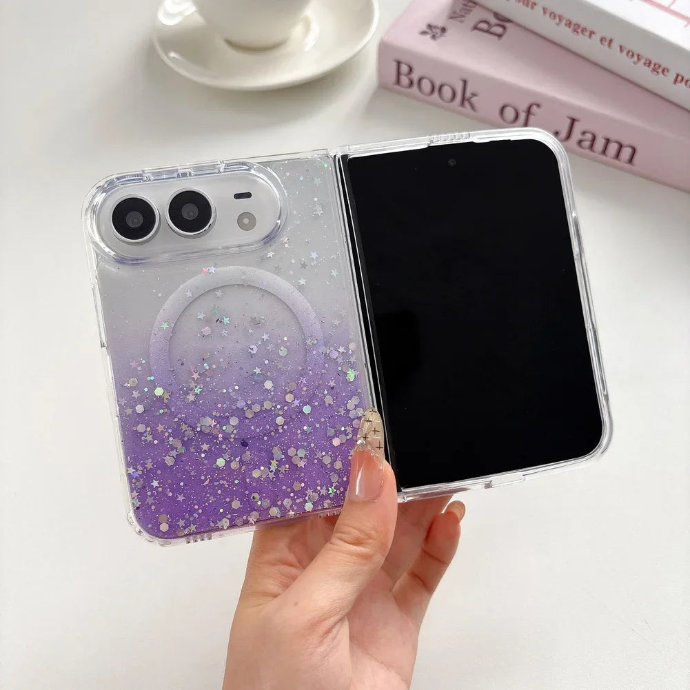 Fashion Girlish Glitter Sparkling Gradient Magnetic Phone Case for iPhone Duo 18 Fold for Magsafe Ultra Slim Translucent Cover