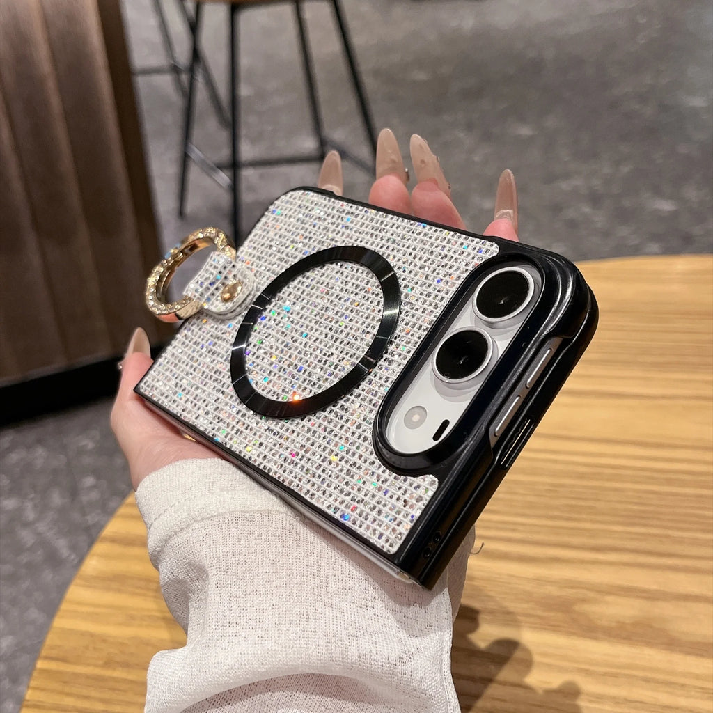 Luxury Fashion Glitter Diamond Frosted Phone Case for iPhone Duo 18 Fold for Magsafe Ring Holder Shockproof Protect Back Cover