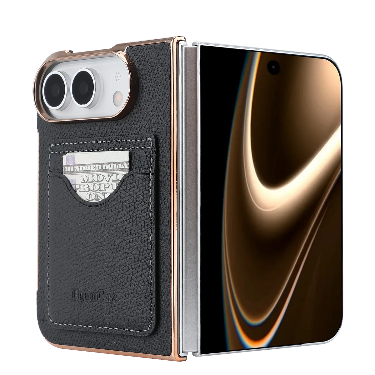 PU Leather Wallet Case For iPhone Duo Fold Electroplated Frame Foldable Kickstand Shockproof Protective Phone Cover