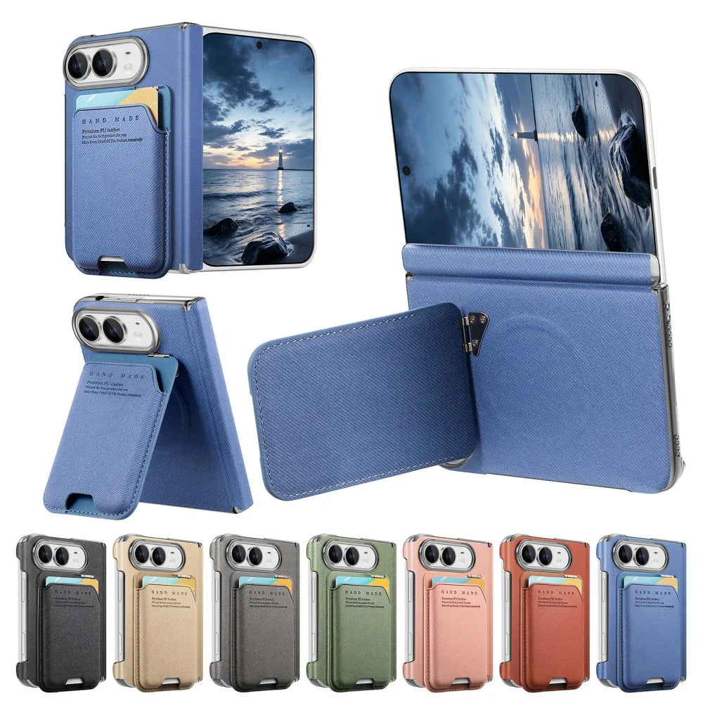 Card Slot Wallet Kickstand Bracket Cloth Texture Magnetic Cases For iPhone Duo 18 Fold Hinge Central Axis Protection Back Cover