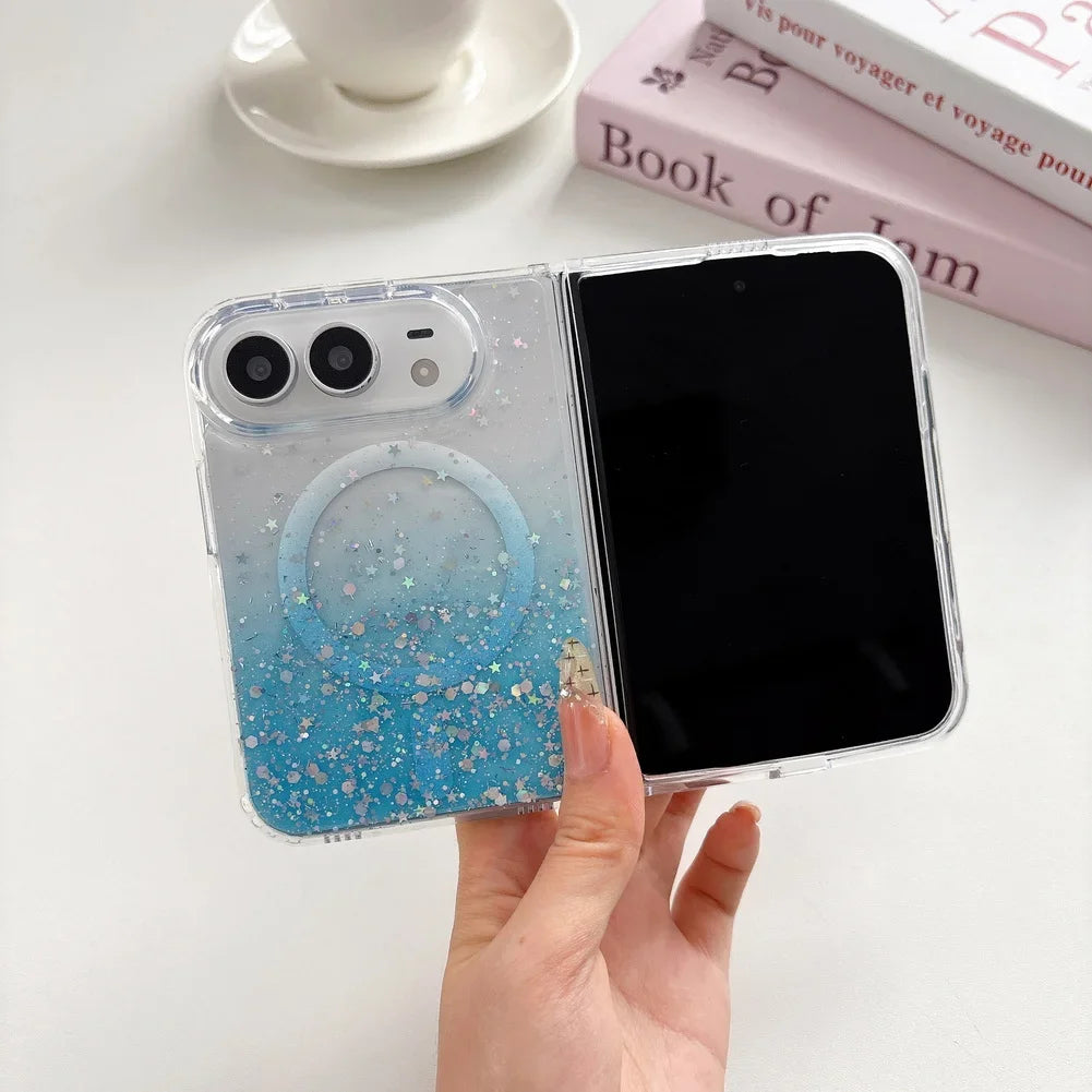 Fashion Girlish Glitter Sparkling Gradient Magnetic Phone Case for iPhone Duo 18 Fold for Magsafe Ultra Slim Translucent Cover