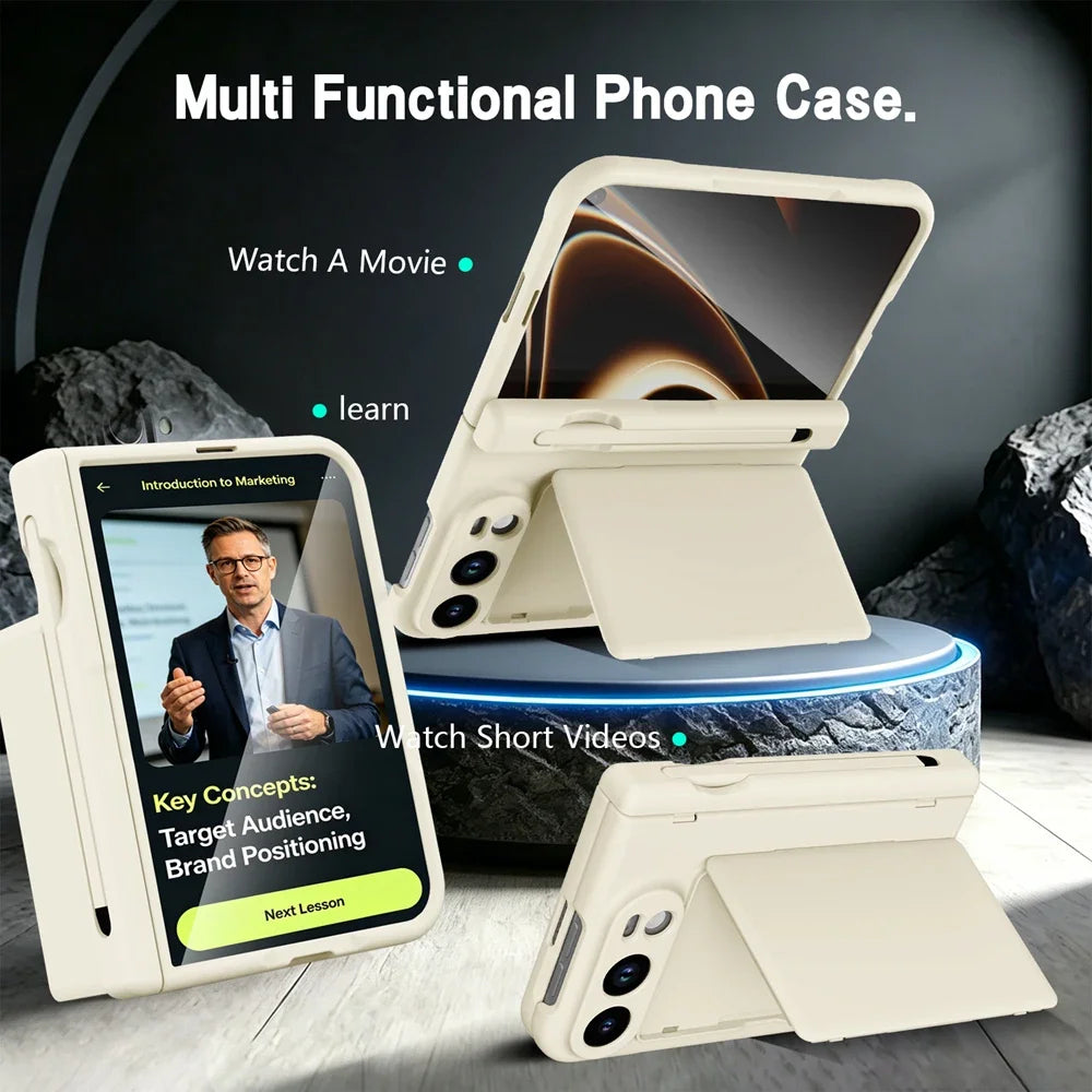 Luxury Matte Card Holder Fold Phone Case for iPhone Duo S Pen with Tempered Glass Screen Protector and Full-Protection Cover