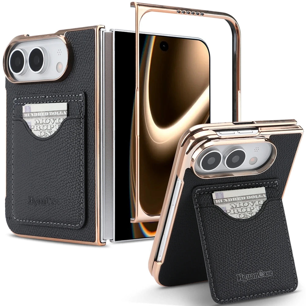PU Leather Wallet Case For iPhone Duo Fold Electroplated Frame Foldable Kickstand Shockproof Protective Phone Cover
