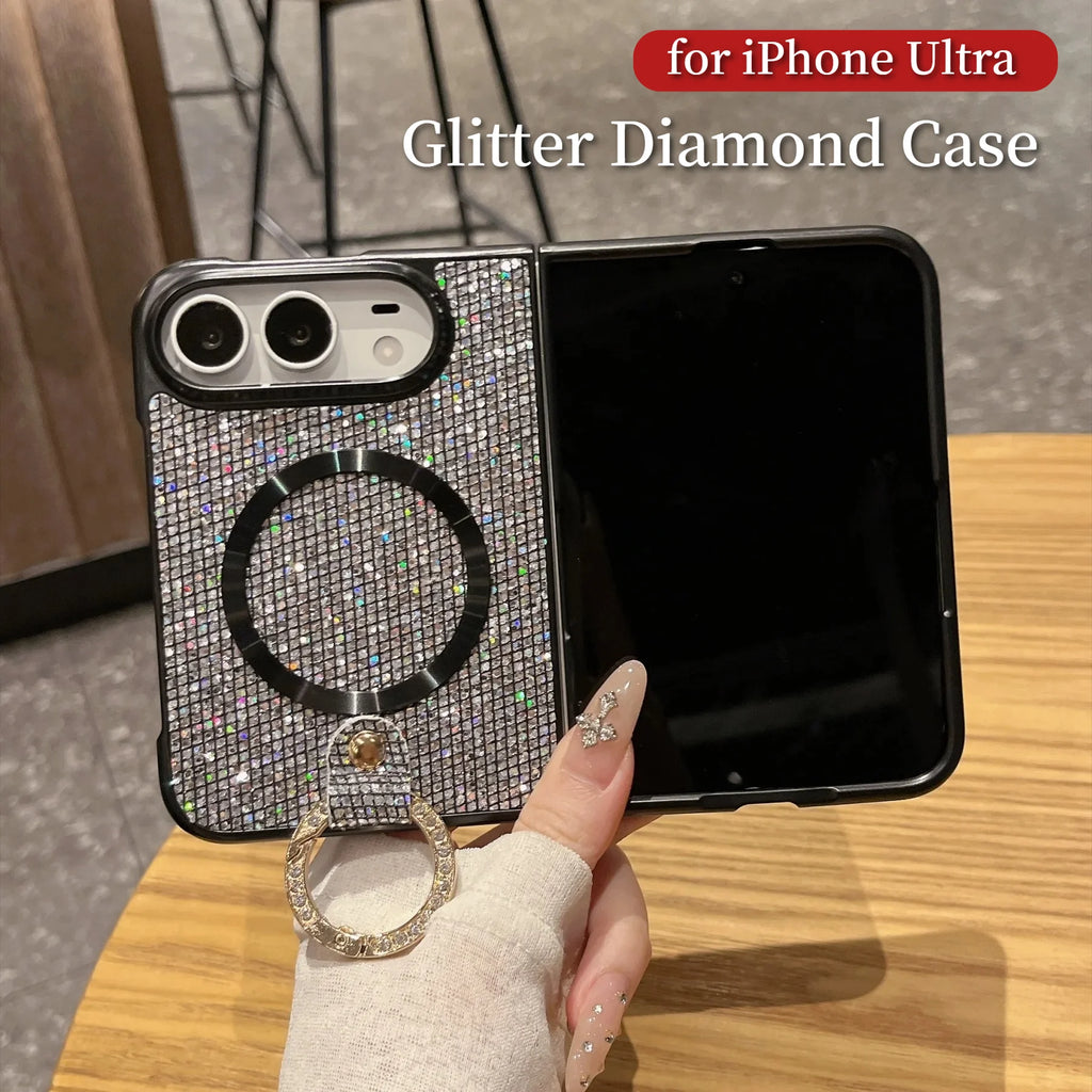 Luxury Fashion Glitter Diamond Frosted Phone Case for iPhone Duo 18 Fold for Magsafe Ring Holder Shockproof Protect Back Cover