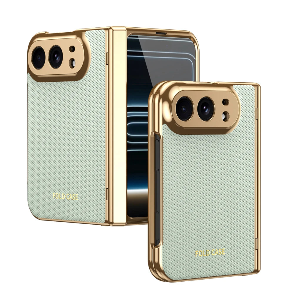 High Quality Plating PU Leather Texture Phone Case for IPhone Duo 5G 2026 with Tempered Glass Screen Protect Shockproof Cover