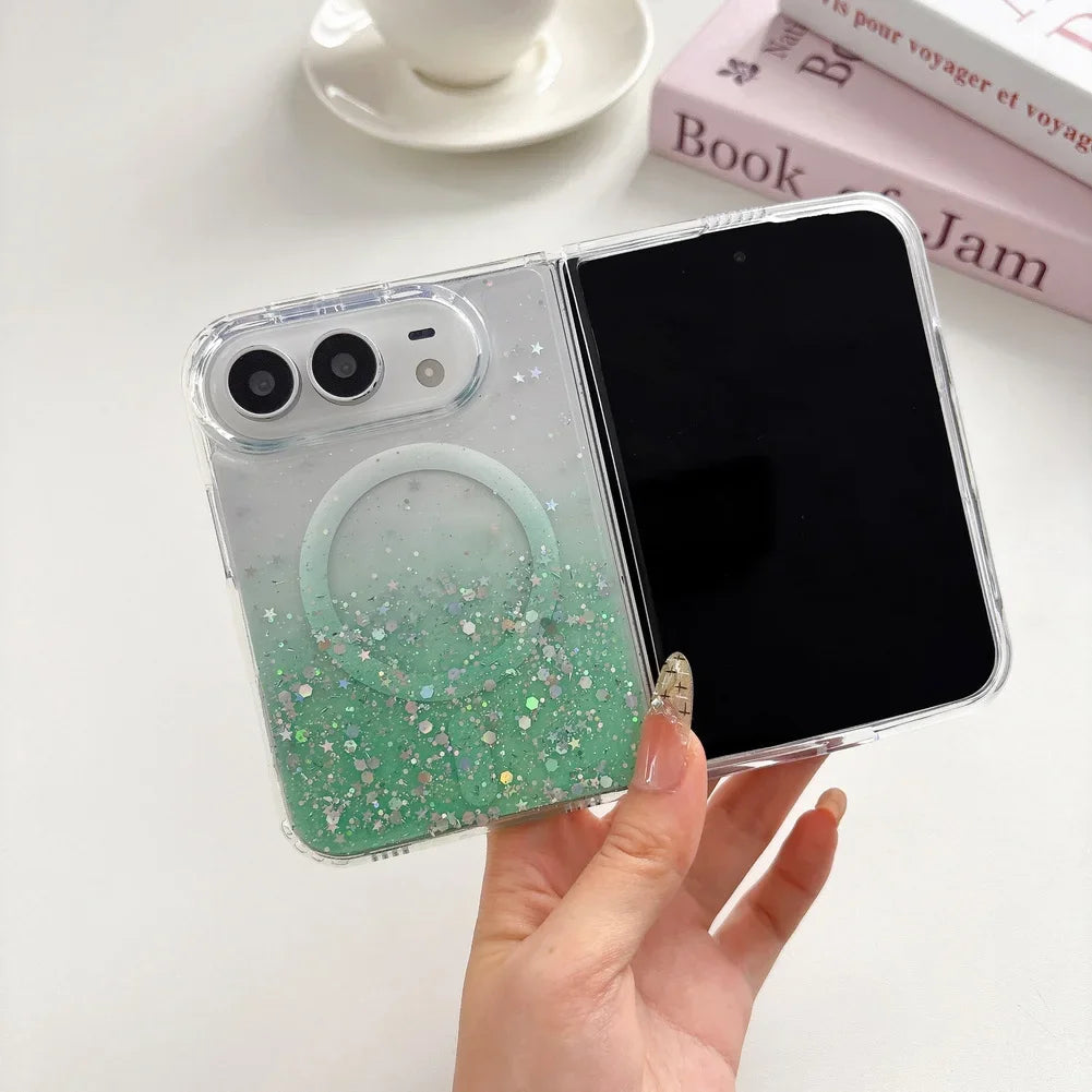 Fashion Girlish Glitter Sparkling Gradient Magnetic Phone Case for iPhone Duo 18 Fold for Magsafe Ultra Slim Translucent Cover
