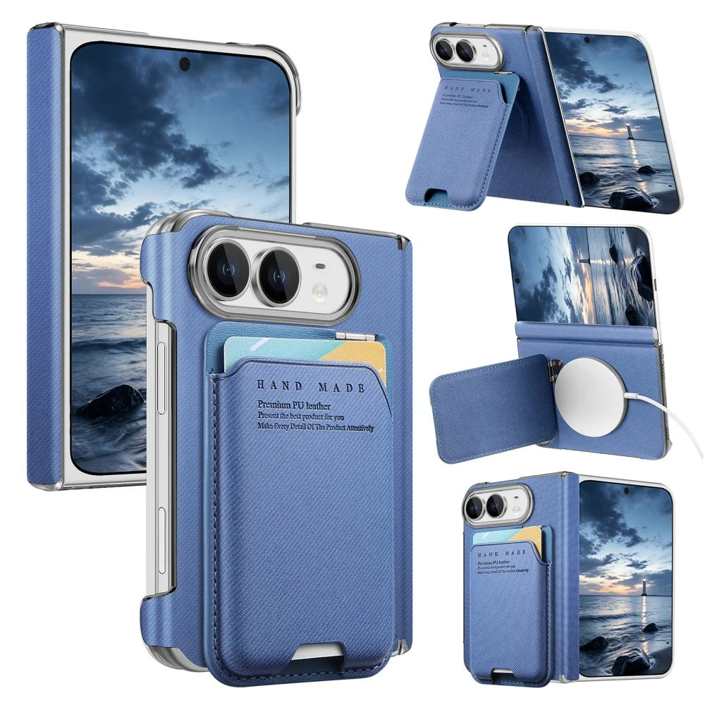 Card Slot Wallet Kickstand Bracket Cloth Texture Magnetic Cases For iPhone Duo 18 Fold Hinge Central Axis Protection Back Cover
