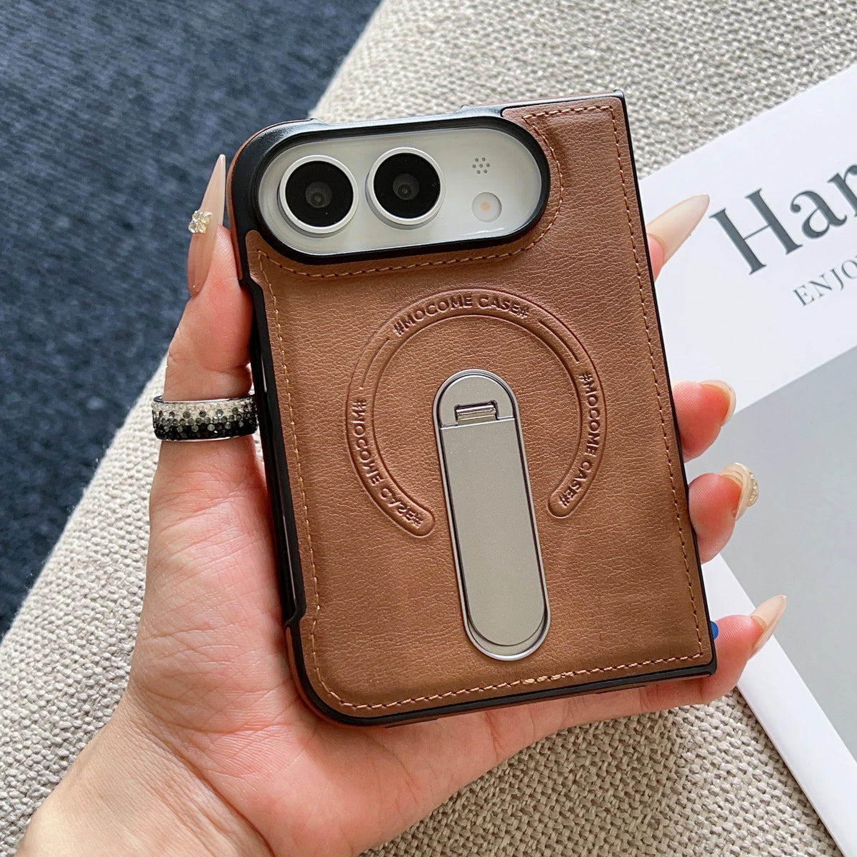 For Magsafe For iPhone Duo Case Luxury Matte Leather Magnetic Rotating Ring Holder Shockproof Protection Back Cover Accessories