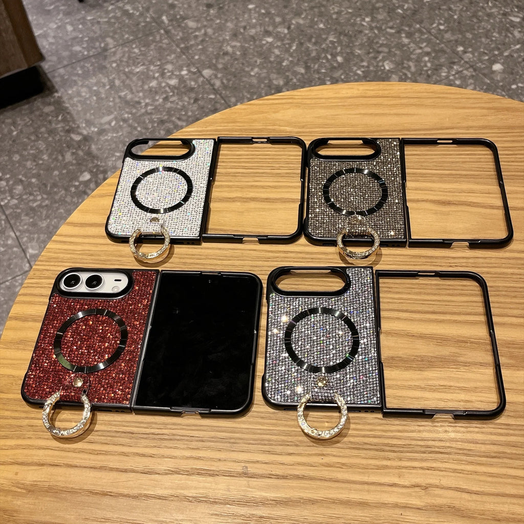 Luxury Fashion Glitter Diamond Frosted Phone Case for iPhone Duo 18 Fold for Magsafe Ring Holder Shockproof Protect Back Cover