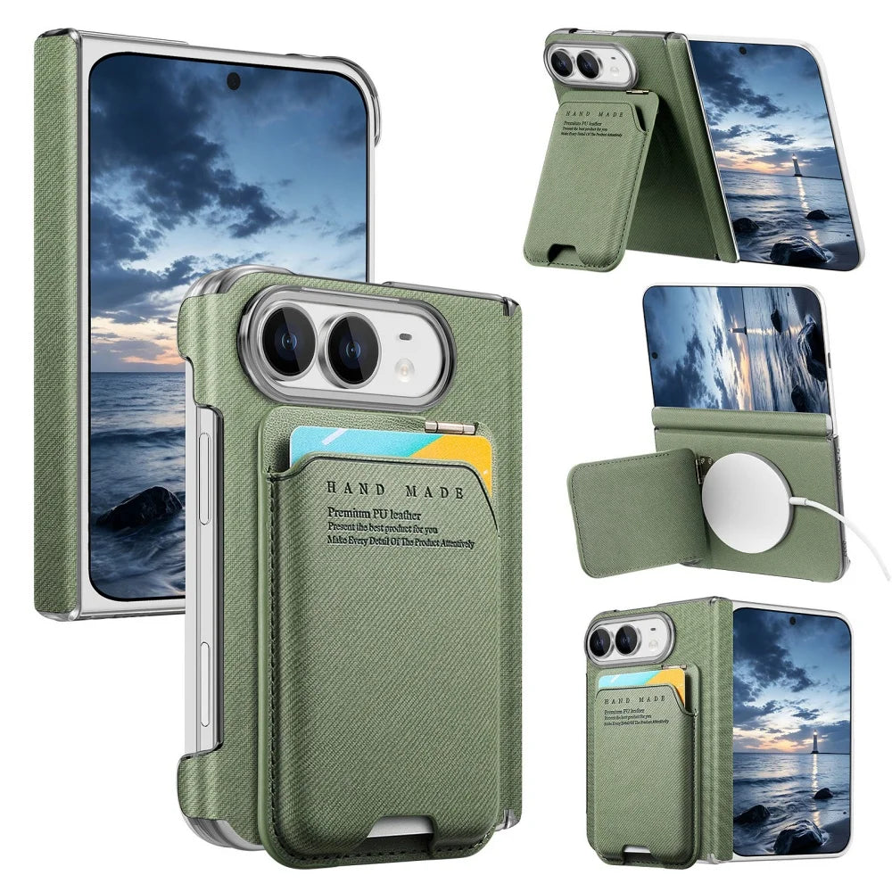Card Slot Wallet Kickstand Bracket Cloth Texture Magnetic Cases For iPhone Duo 18 Fold Hinge Central Axis Protection Back Cover