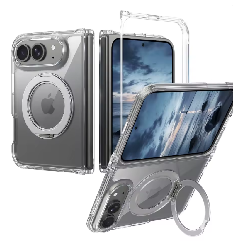 DuoShield clear protective cases for a rumored iPhone Duo foldable phone, shown from multiple angles